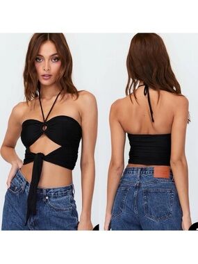 Princess Polly Black Cutout Halter Tie-Front Crop Top